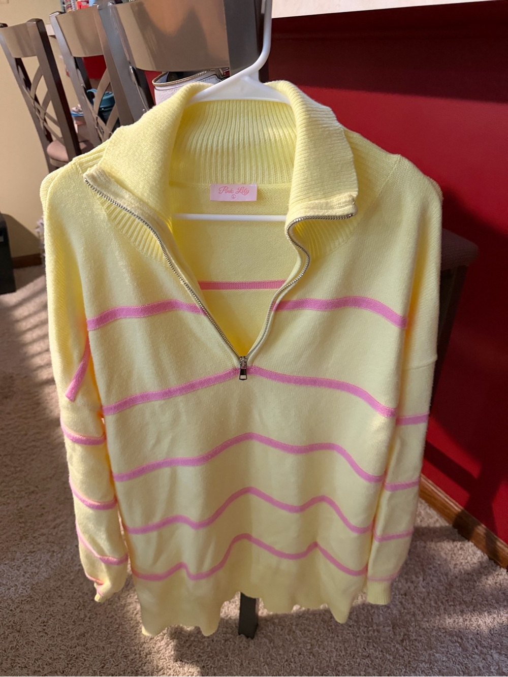 Pink Lily Lemon Yellow Half-Zip Sweater with Pink Stripes
